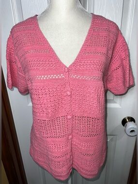 Short Sleeve Cardigan Sweater. Crochet Cardigan Button Front Pink Cottagecore L